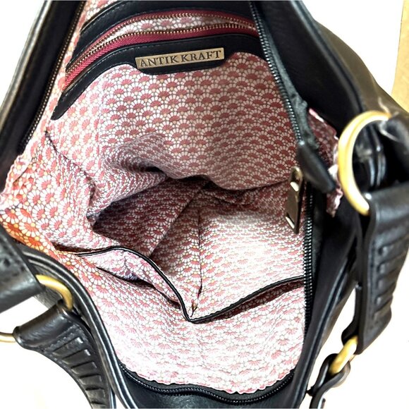 Antik Kraft Black Faux Leather Shoulder Bag With Gold-Tone Accents & Pink Patter - Picture 4 of 8